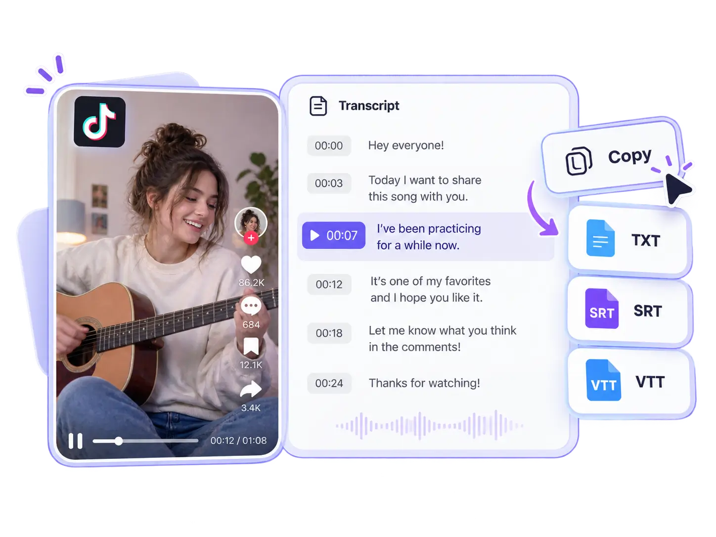 Copy TikTok Transcripts or Download Subtitle Files
